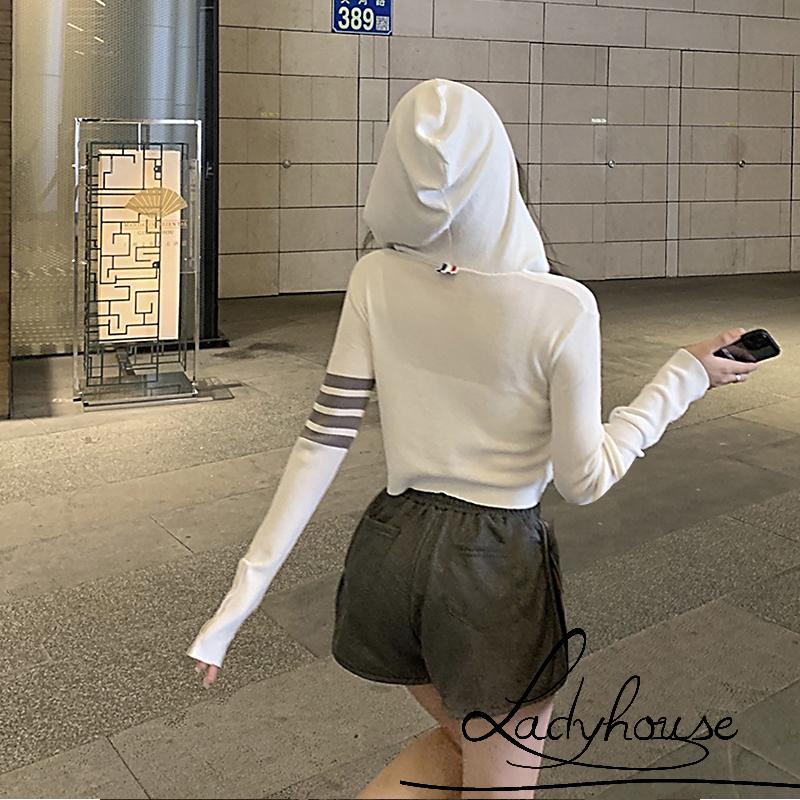 Áo khoác dài tay cổ chữ V họa tiết kẻ sọc có túi dành cho nữ