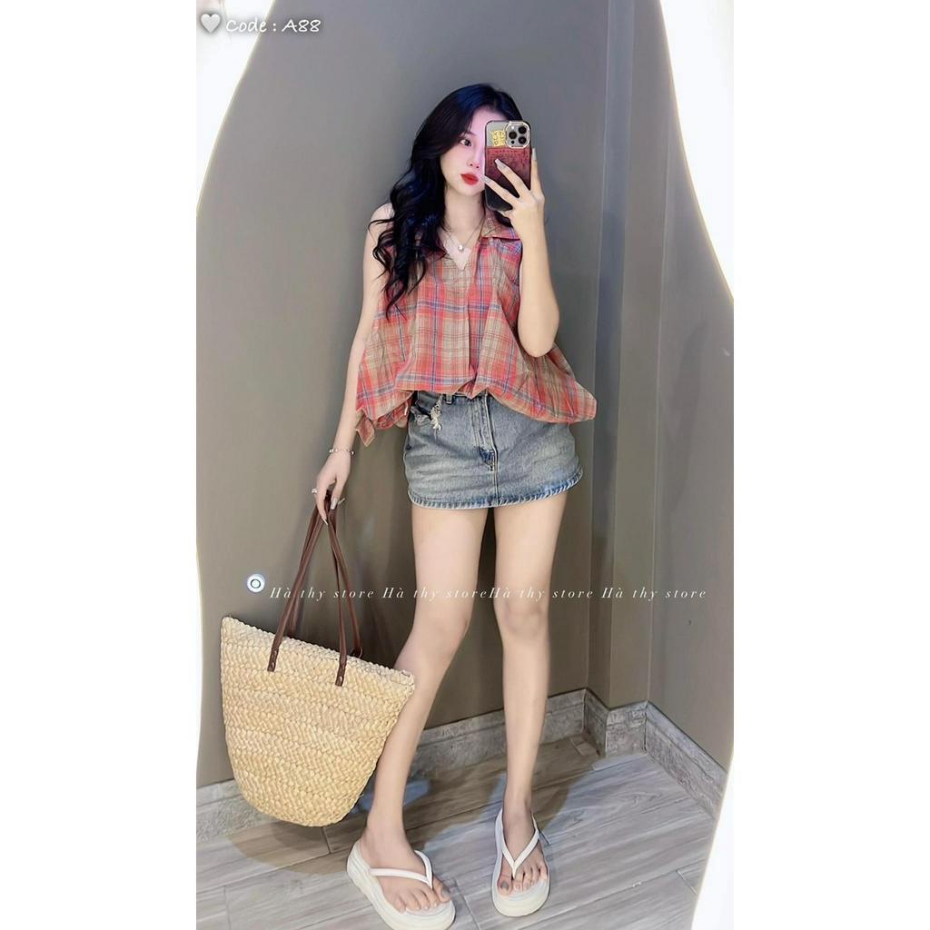 áo sơ mi sát nách carro đỏ hồng xinh bồng bồng