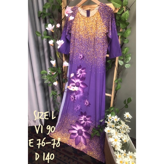 Áo dài lụa 3D màu tím phối bi vàng in hoạ tiết hoa