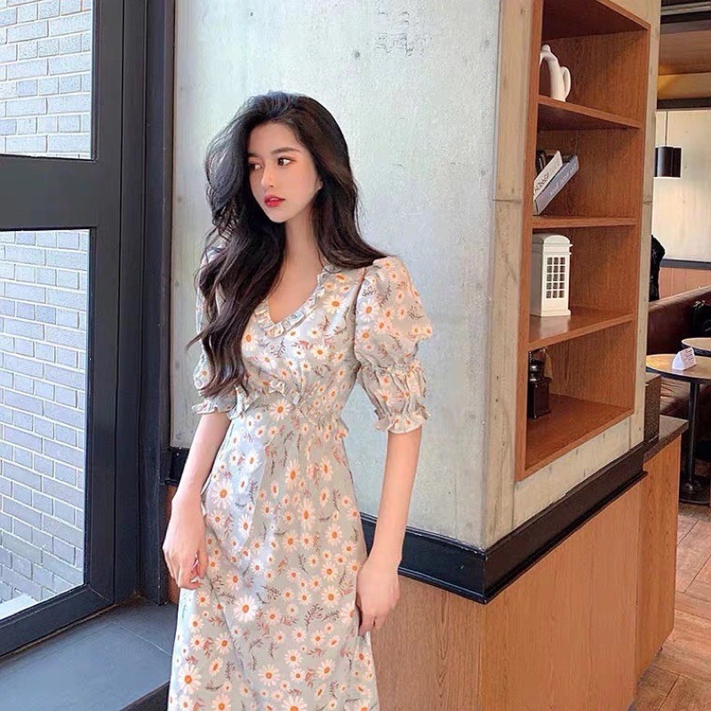 Váy hoa nhí cổ V  tay lỡ đuôi cá dáng dài màu xanh meit  nhẹ nhàng -Co Sẵn - ulzzang loại 1  -tiểu thư kèm ảnh thật | BigBuy360 - bigbuy360.vn