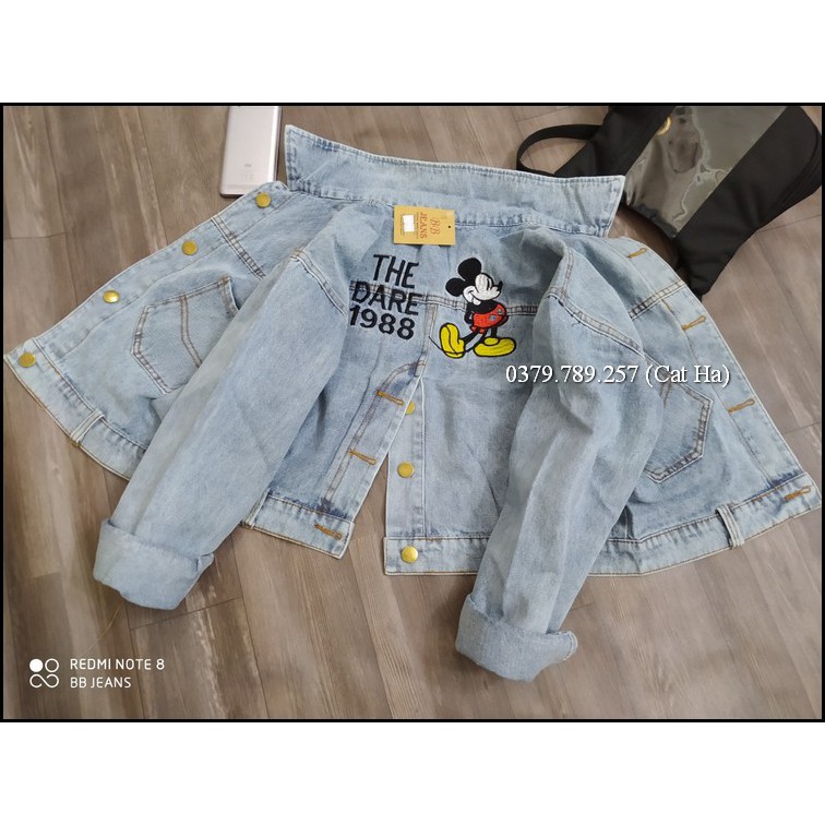 Aó khoác jean nữ xám xanh như hình form dưới 58Kg chuột Mickey đậm nhạt BB21