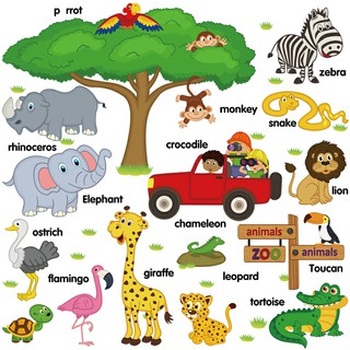 Decal dán tường vườn thú tiếng anh xanh