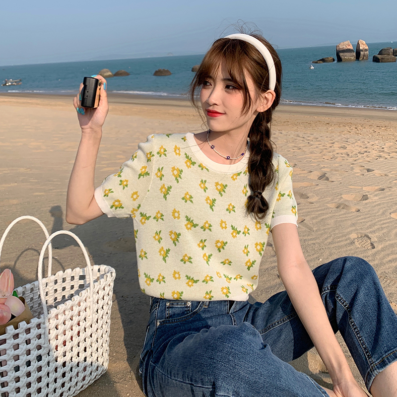 SUXI Áo tay ngắn họa tiết hoa vintage phong cách Hàn Quốc dành cho nữ