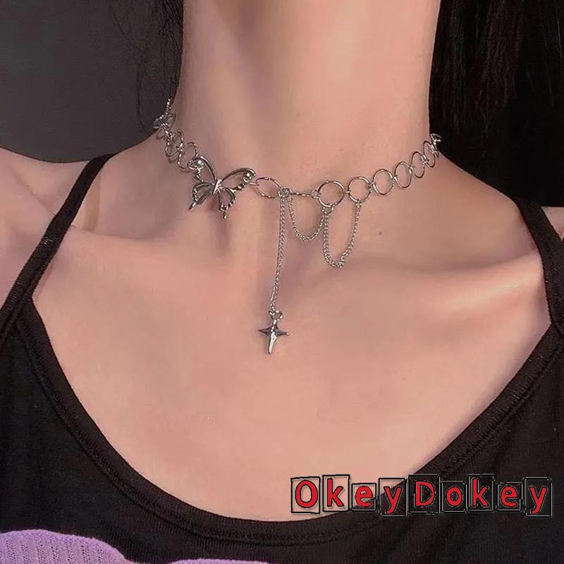 OKDK-Women Butterfly Choker Necklace Silver Adjustable Collarbone Chain
