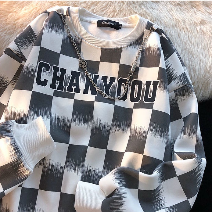 Áo sweater cổ tròn dáng rộng sọc ca rô phối dây xích cá tính trẻ trung kiểu Hàn Quốc cho nam