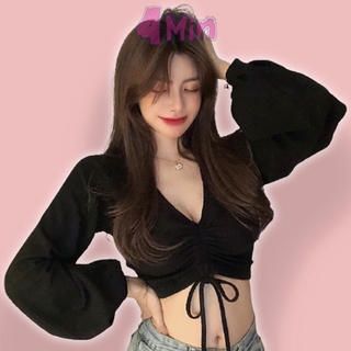 Áo croptop tay bồng có dây rút cổ tim áo thun 4min