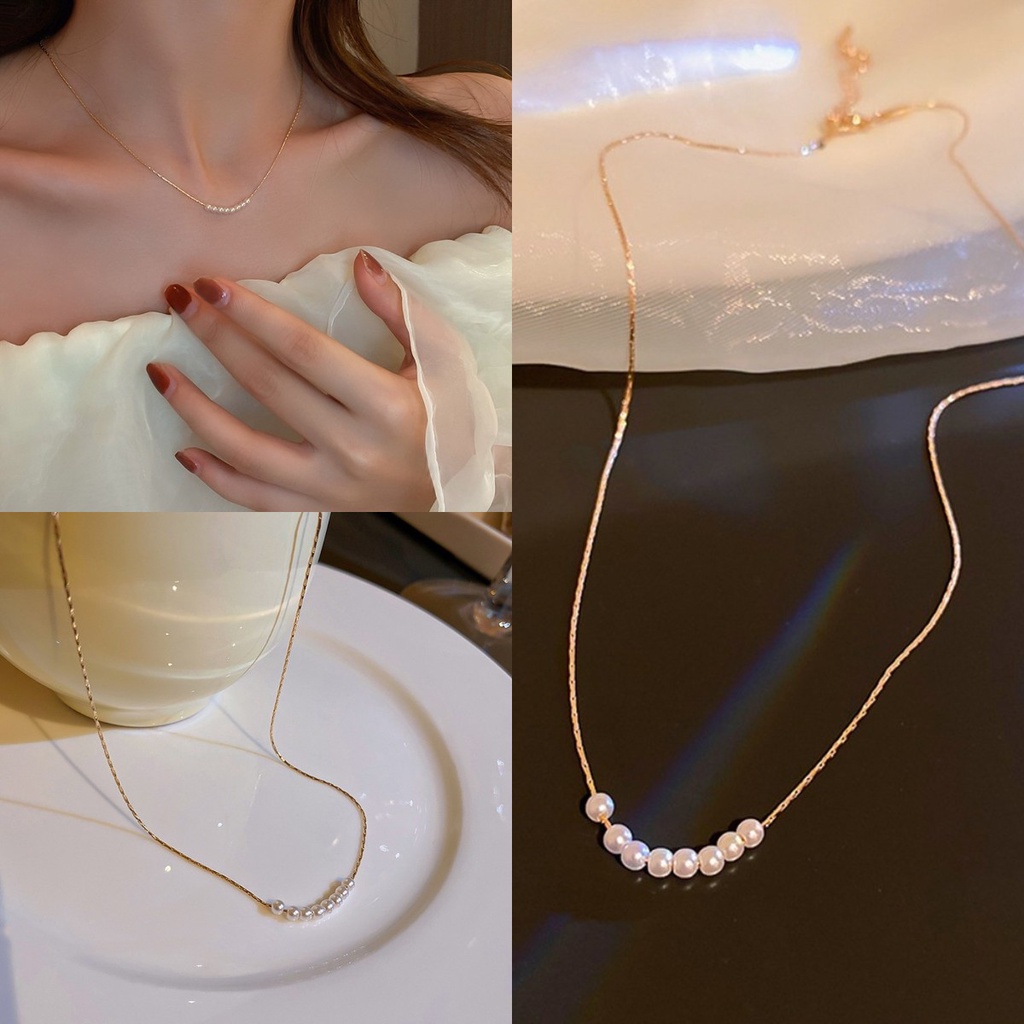 Vòng Cổ Dây Xích Mỏng Đính Ngọc Trai Đơn Giản Sang Trọng Dễ Phối Đồ