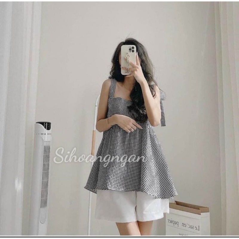 Set Babydoll Thắt Nơ Vai Kèm Quần Short Trắng Xinh Xắn sihoangngan