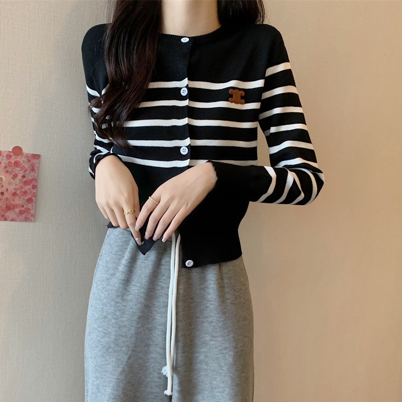 Áo cardigan dệt kim SUXI tay dài dáng rộng cổ tròn họa tiết kẻ sọc phong cách vintage Hàn Quốc