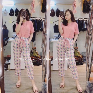 Set bộ áo hồng quần caro