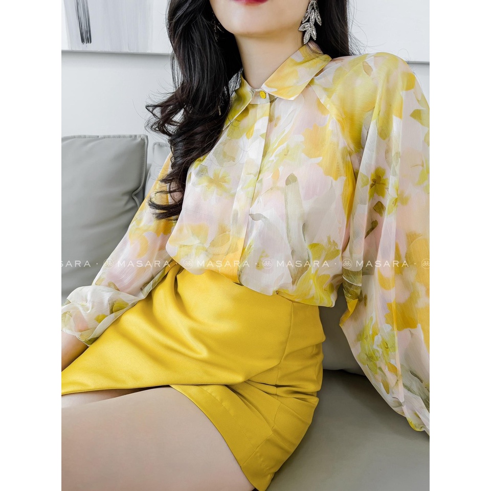 🌈 Áo SƠ MI VOAN HOA VÀNG thân 2 lớp tay bồng cổ bẻ sang chảnh tiểu thư vintage công sở
