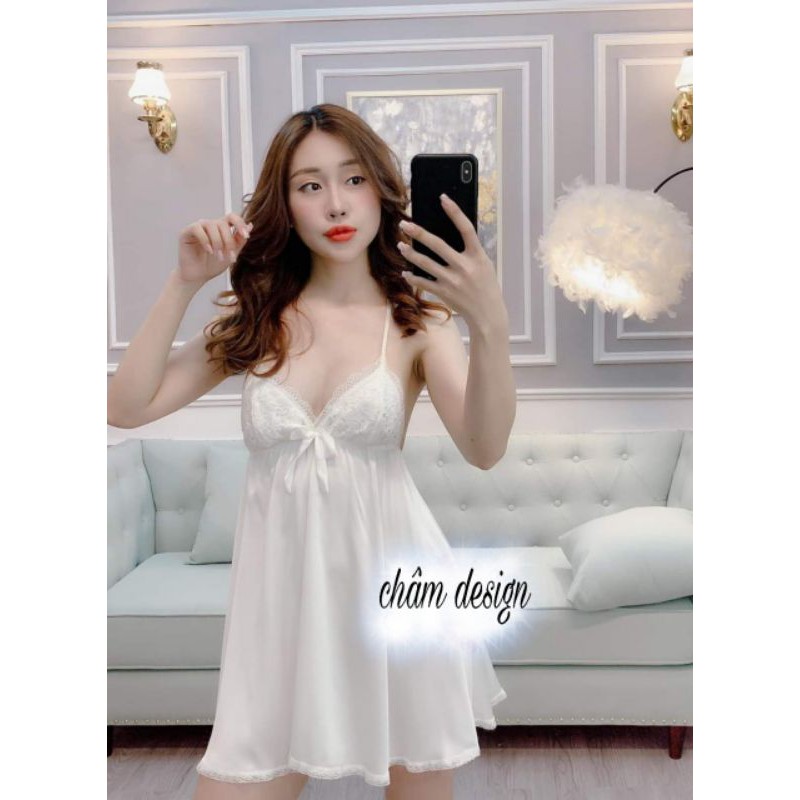 váy ngủ lụa trắng satin gắn nơ xinh có ren lưng sexy, hàng thiết kế độc quyền❤️