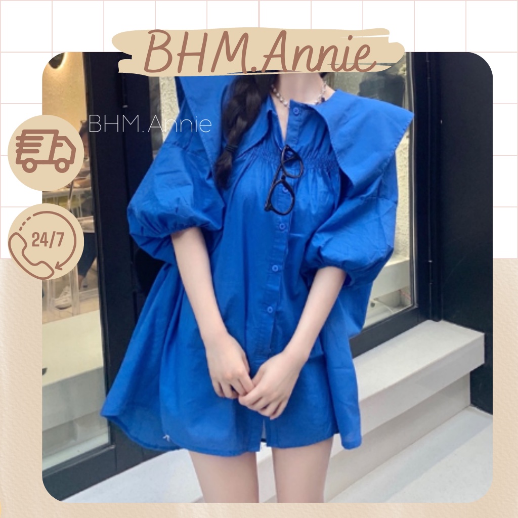 Áo sơ mi tay phồng, áo sơ mi tiểu thư, áo babydoll tay phồng màu xanh dương cổ thủy thủ - BHM.Annie