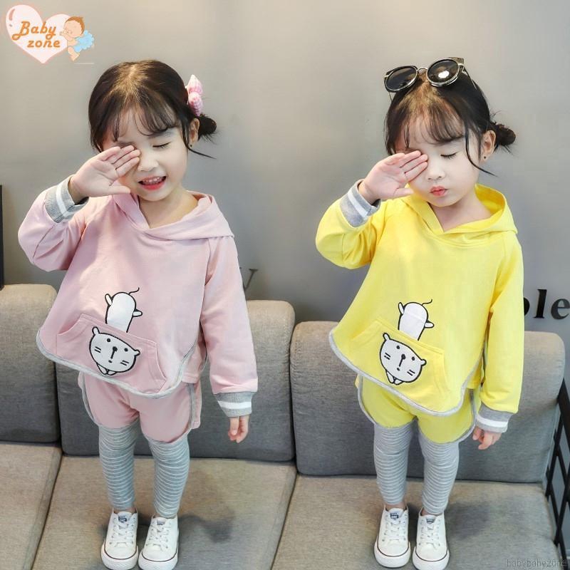 Set áo Hoodies có nón dài tay + quần kẻ sọc đáng yêu cho bé gái