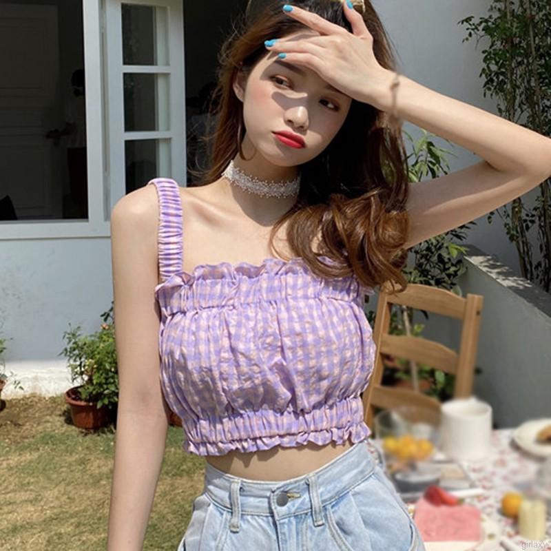 Áo Croptop Hai Dây Kẻ Sọc Caro Phong Cách Hàn Quốc Cho Nữ