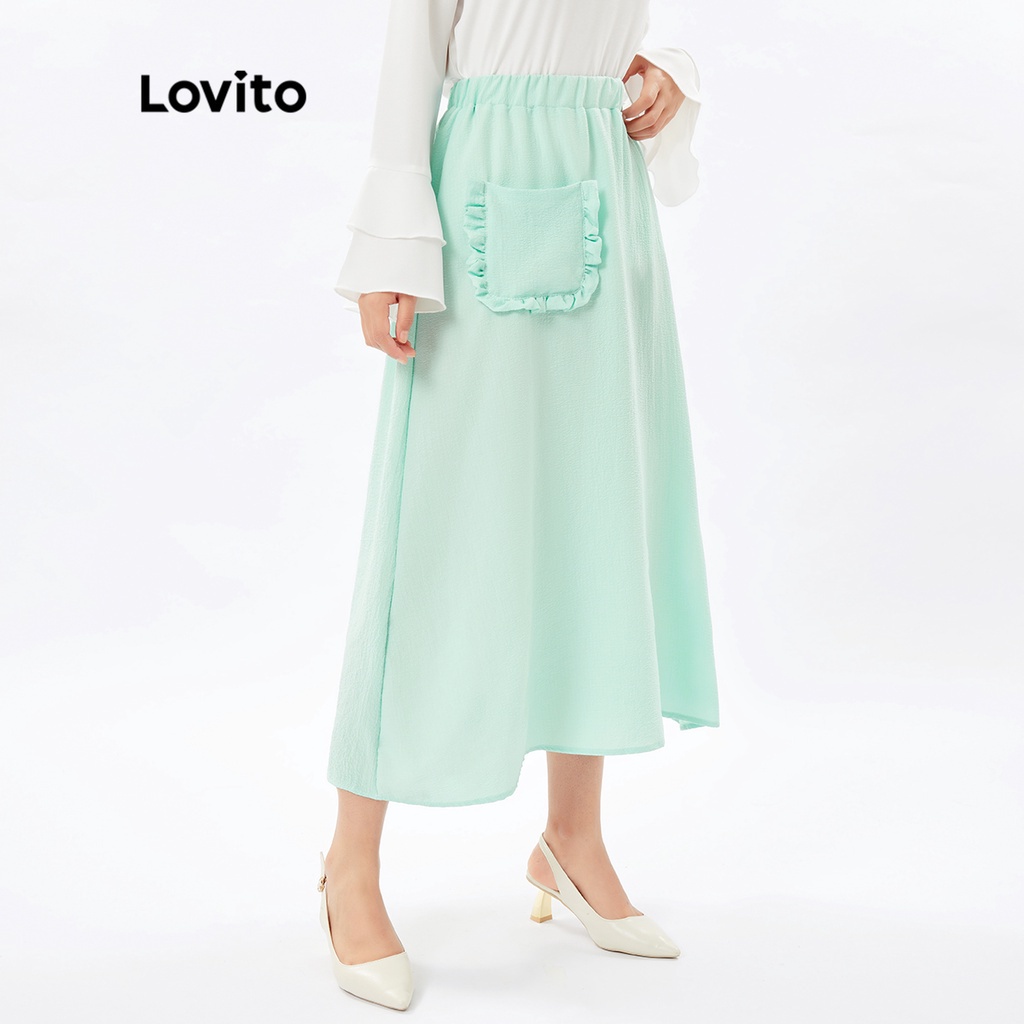 Chân váy Lovito vải dệt dáng rộng xếp nếp màu trơn đơn giản L26ED077 (màu xanh lục nhạt)
