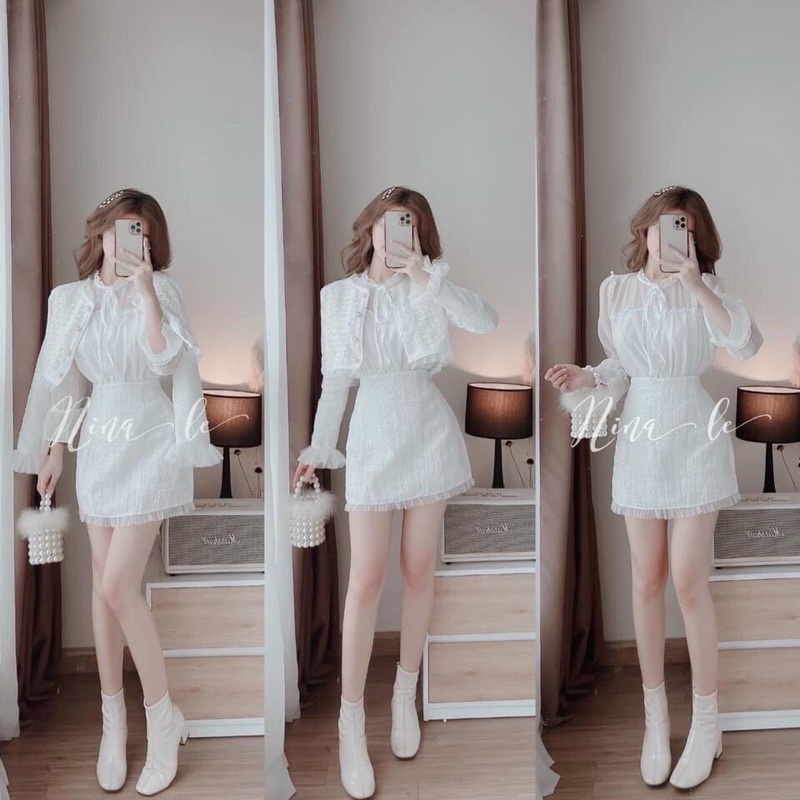 SET 3 MÓN BỐ: KHOÁC NGOÀI VIỀN CỔ TAY VOAN+ SƠ MI TRẮNG CỔ BÈO + CHÂN VÁY ✨