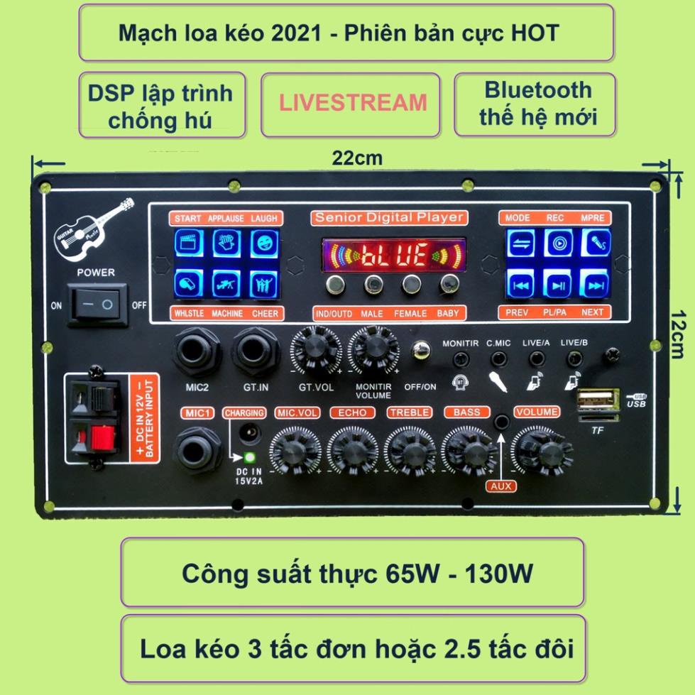 Mạch loa kéo LIVESTREAM DSP lập trình chống hú IC MD9840 công suất 65W – 130W, Bluetooth thế hệ mới, có Guitar điện