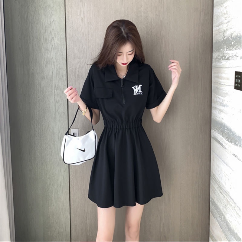 Black dress women's summer 2022 new Korean style temperament slim embroidered A-shaped short T-skirt polo collar small black skirt