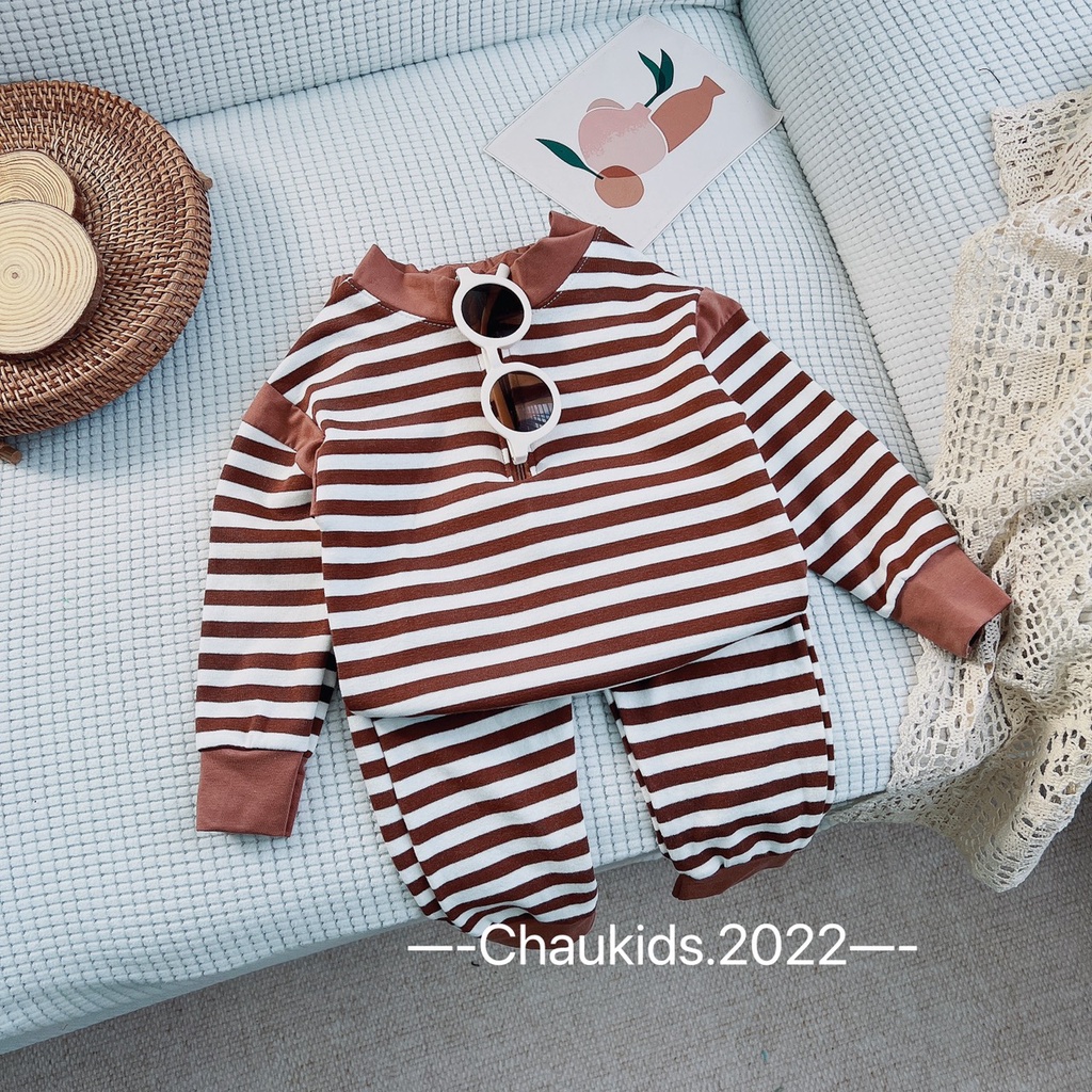 [SALE] Bộ Dài Tay Vải Len Zip Hàn Quốc Bé Trai, Bé Gái Kẻ Sọc Phối Tay, Bộ Quần Áo Cho Bé Mặc Thu Đông CKTD15