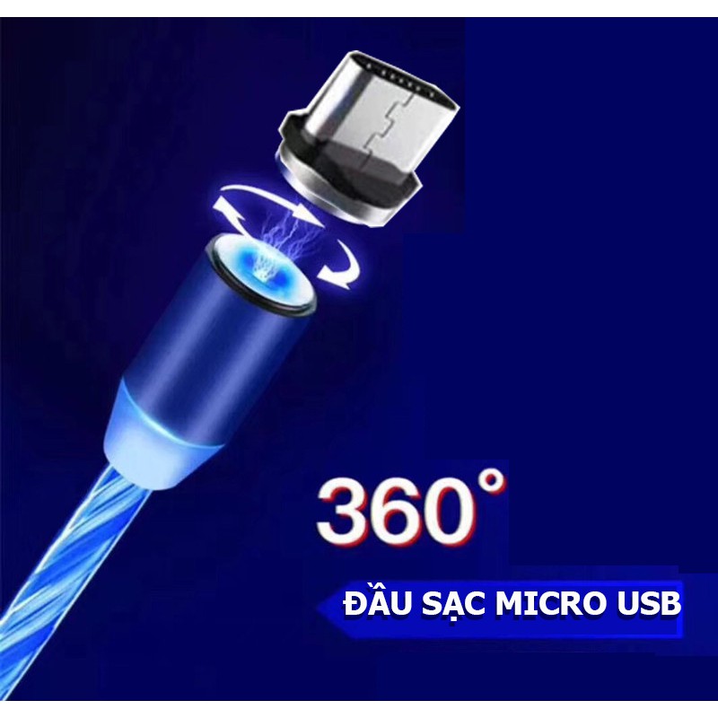 (XẢ HÀNG) Cáp sạc đầu từ tính hít nam châm 360 cổng tròn chân Micro USB dây phát sáng led dòng chảy tuyệt đẹp siêu bền