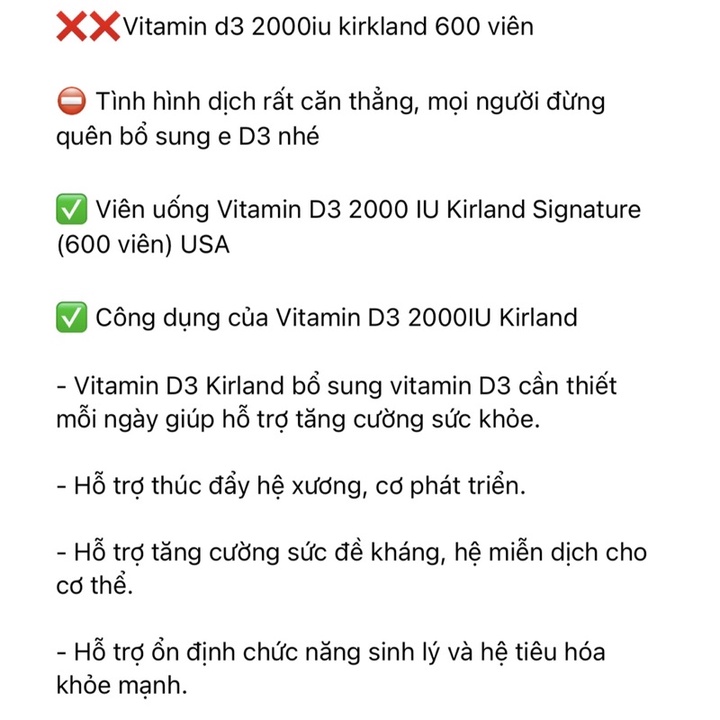 Vitamin D3 D 50mcg  Kirkland chai 600 viên date Mới