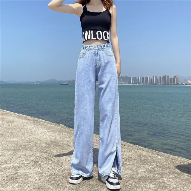 Băng lụa xẻ tà quần ống rộng lưng cao của phụ nữ xếp nếp là jean cạp trễ suông mỏng 2021 new