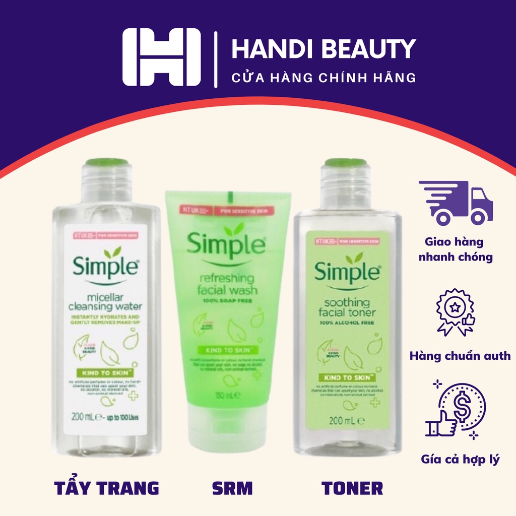 [Chính hãng] Combo Simple Chăm Sóc Da Nhẹ Dịu: Tẩy Trang + Sữa Rửa Mặt + Nước Hoa Hồng