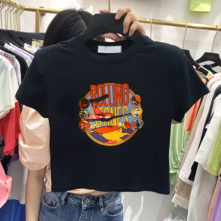 Áo Thun Crop Top Ngắn Tay Màu Đen In Họa Tiết Phong Cách Hàn Quốc Thời Trang Mùa Hè Cho Nữ