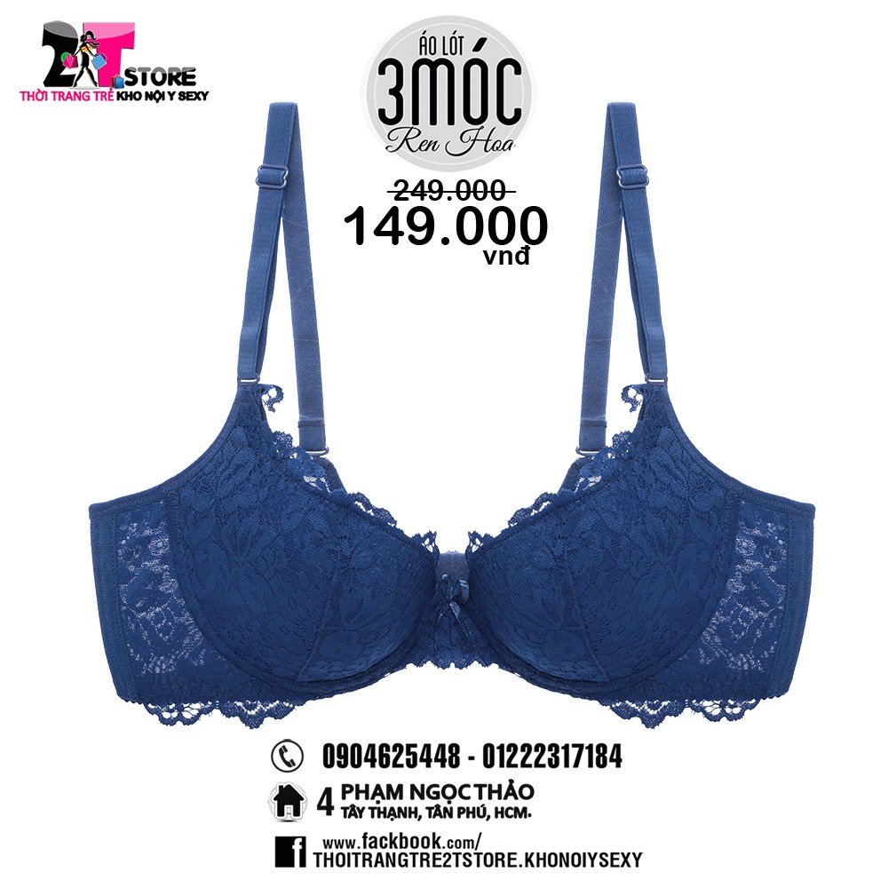 Áo Nâng Ngực Cotton 3 Móc Phối Ren (Xanh Dương)