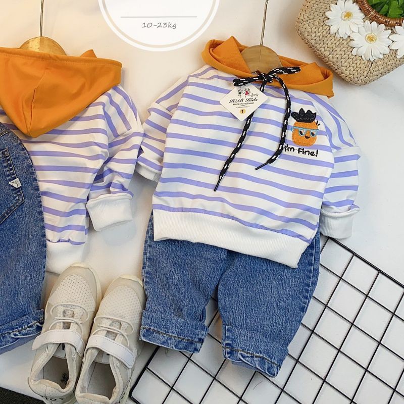 Bộ thu đông trẻ em áo hoodie kẻ có mũ quần bò quảng châu cho bé trai bé gái YUME KIDS_ Thời trang trẻ em