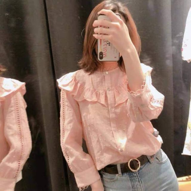 Sơ mi nữ Zara Vietnam xuất dư, màu hồng tôm, size S, chất đẹp, đường may chắc chắn (53-55kg mặc vừa)