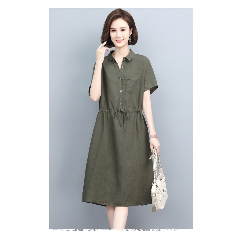 Váy đầm trung niên tặng mẹ, dáng suông, giúp che khuyết điểm bụng tốt, Chất đũi mềm mịn thoáng mát D75