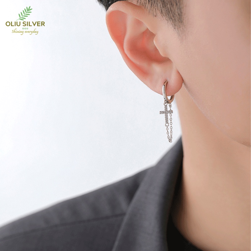 Bông Tai Bạc S925 Khoen Tròn Chữ Thập Cross Bất Đối Xứng Trẻ Trung Cá Tính | Khuyên Tai Nữ Trang Sức Bạc Thời Trang
