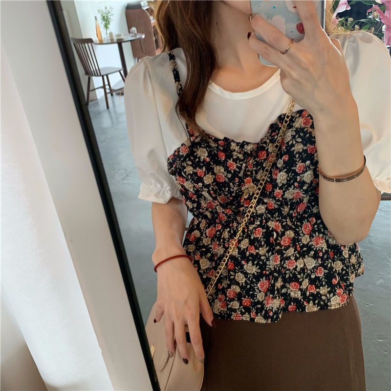 (ORDER) Áo kiểu ulzzang Hàn phối liền yếm hoa nhí hai dây các màu có size xinh xắn (ảnh thật)