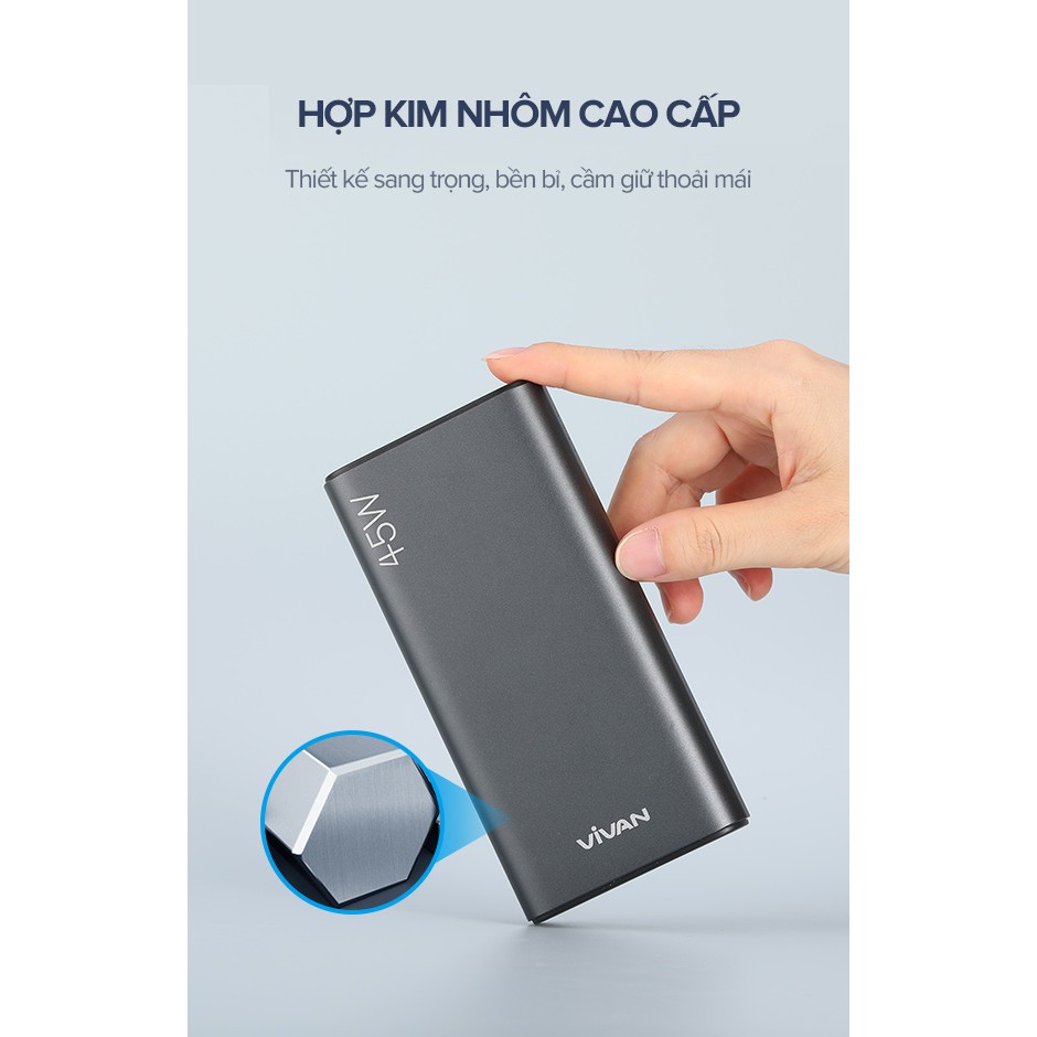 Pin Sạc Dự Phòng 20000mAh VIVAN VPB-L20 45W 2 Cổng Sạc Nhanh Chuẩn PD/QC 3.0 2 Input 3 Output