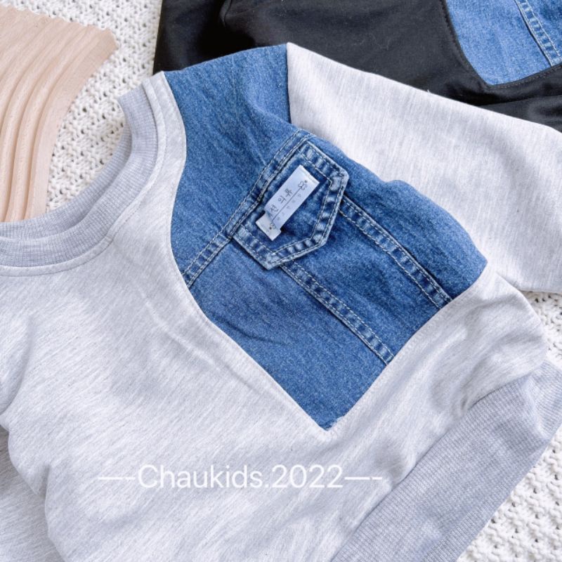 Bộ nỉ da cá phối quần jean cá tính cho bé trai Set bộ dài tay mặc thu đông chất vải lacoste từ 1 2 3 4 5 6 tuổi
