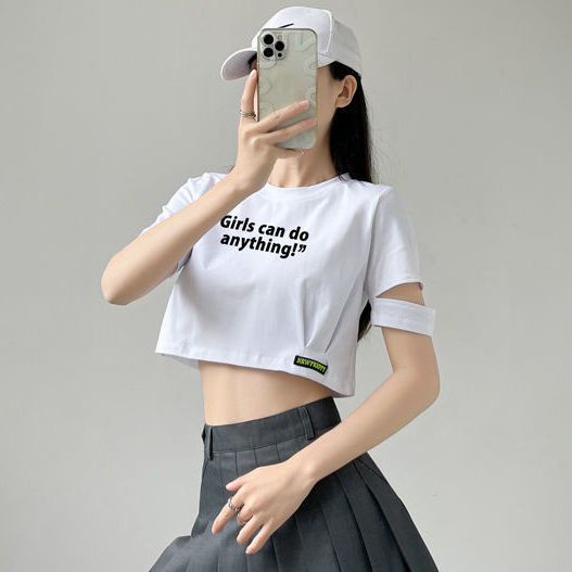 Áo Thun Dáng Rộng Ngắn Hở Rốn Màu Xanh Dương Hợp Thời Trang Mùa Hè Hàng Mới Dành Cho Bạn Nữ Thiết Kế Cảm Giác Cưỡi Sóng Gió Độc Đáo