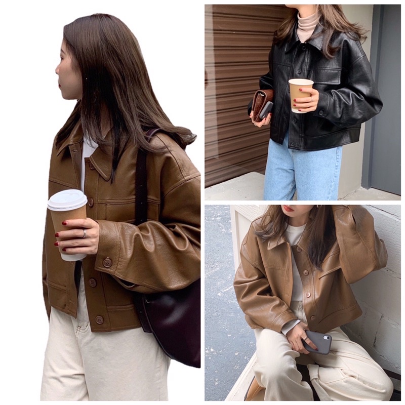 Khoát jacket kiểu dáng ngắn croptop biker tay bồng cá tính hàn quốc