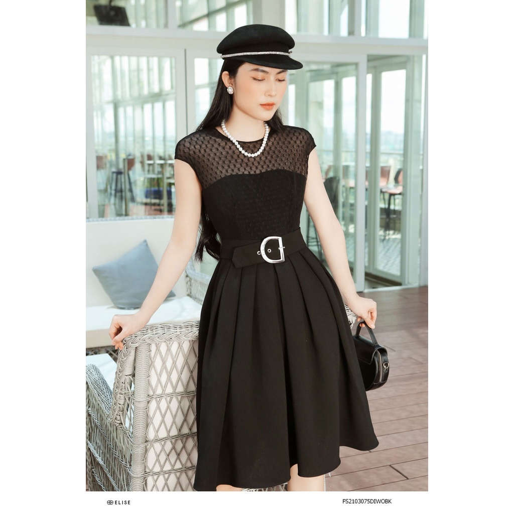 Đầm đen phối lưới đai eo thiết kế Elise FS2103075DIWOBK