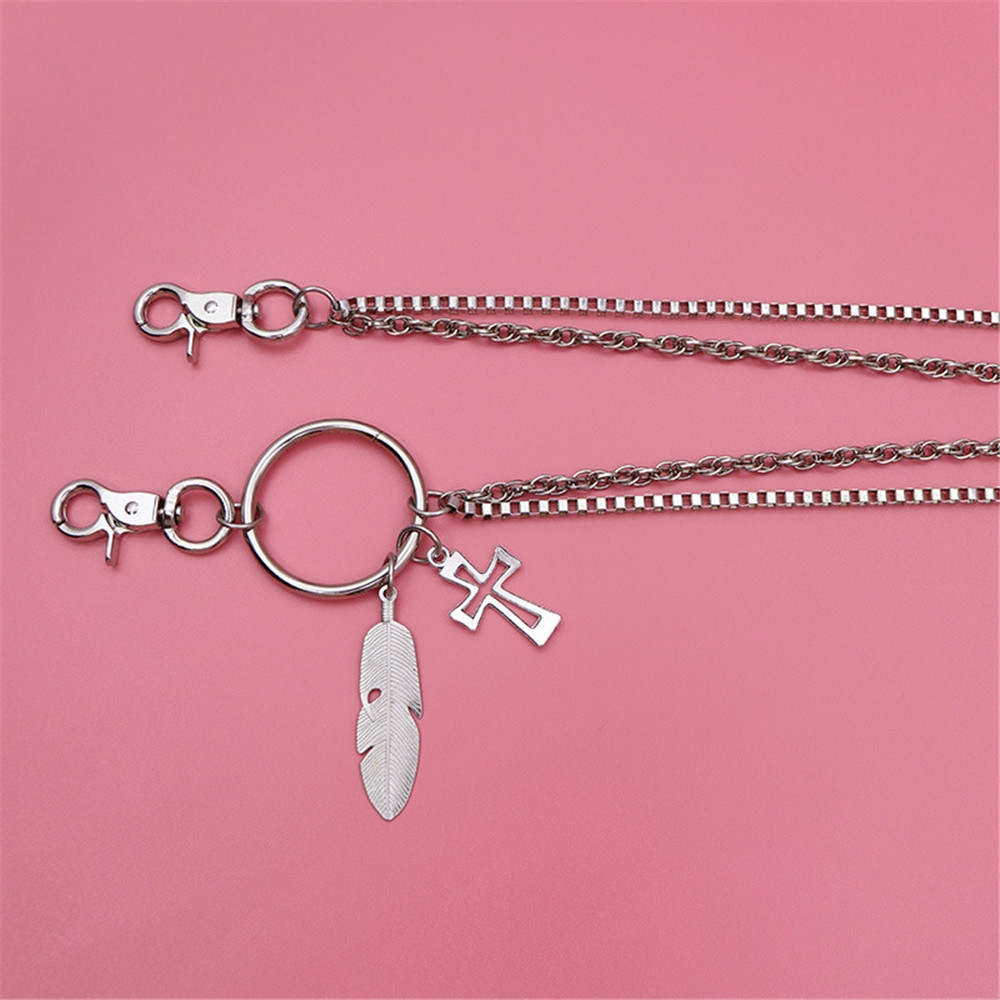 Dây xích đôi phong cách retro thiết kế trang trí hình chữ thập và lông vũ cá tính
