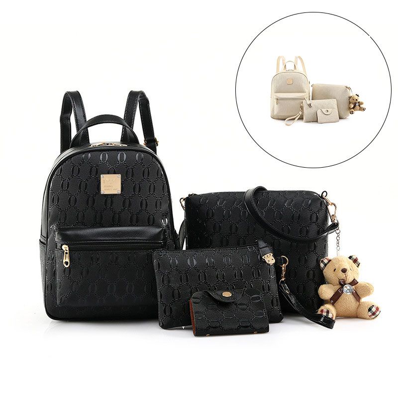 Set 4 Balo Túi Xách Ví Da PU Họa Tiết Gấu Dễ Thương Cho Nữ