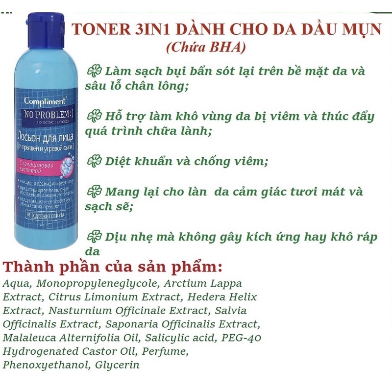 Toner da dầu mụn NO PROBLEM compliment chứa BHA Salicylic Acid, Tea tree 200ml