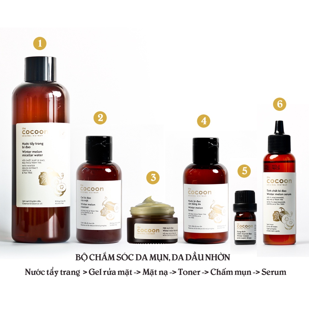 Bộ 5 chăm sóc da mụn chuyên sâu: Gel + Toner + Serum + Mặt nạ + Chấm mụn bí đao cocoon