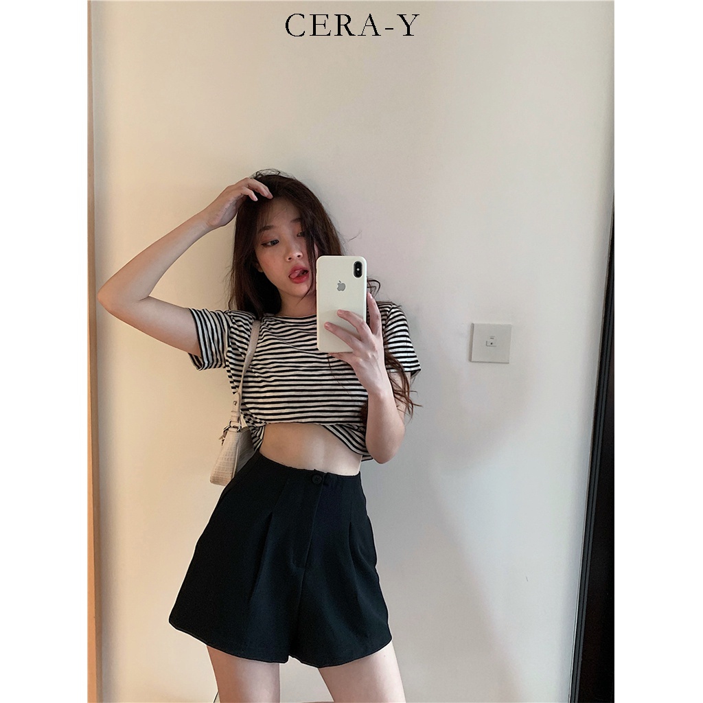 Áo thun croptop CERA-Y form rộng tay ngắn sọc trắng / đen CRA044