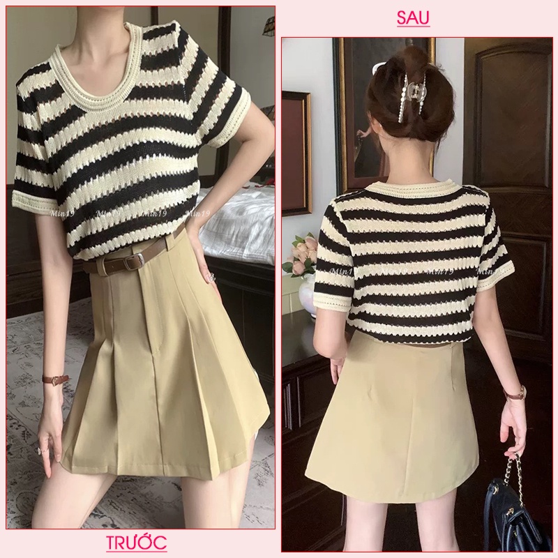 Áo Len Nữ MIN19 Áo Len Mỏng Dệt Kim Tay Ngắn Kẻ Cổ Tròn Kiểu Hàn Quốc Form Rộng Bigsize Màu Đen Xanh Nâu Thời Trang