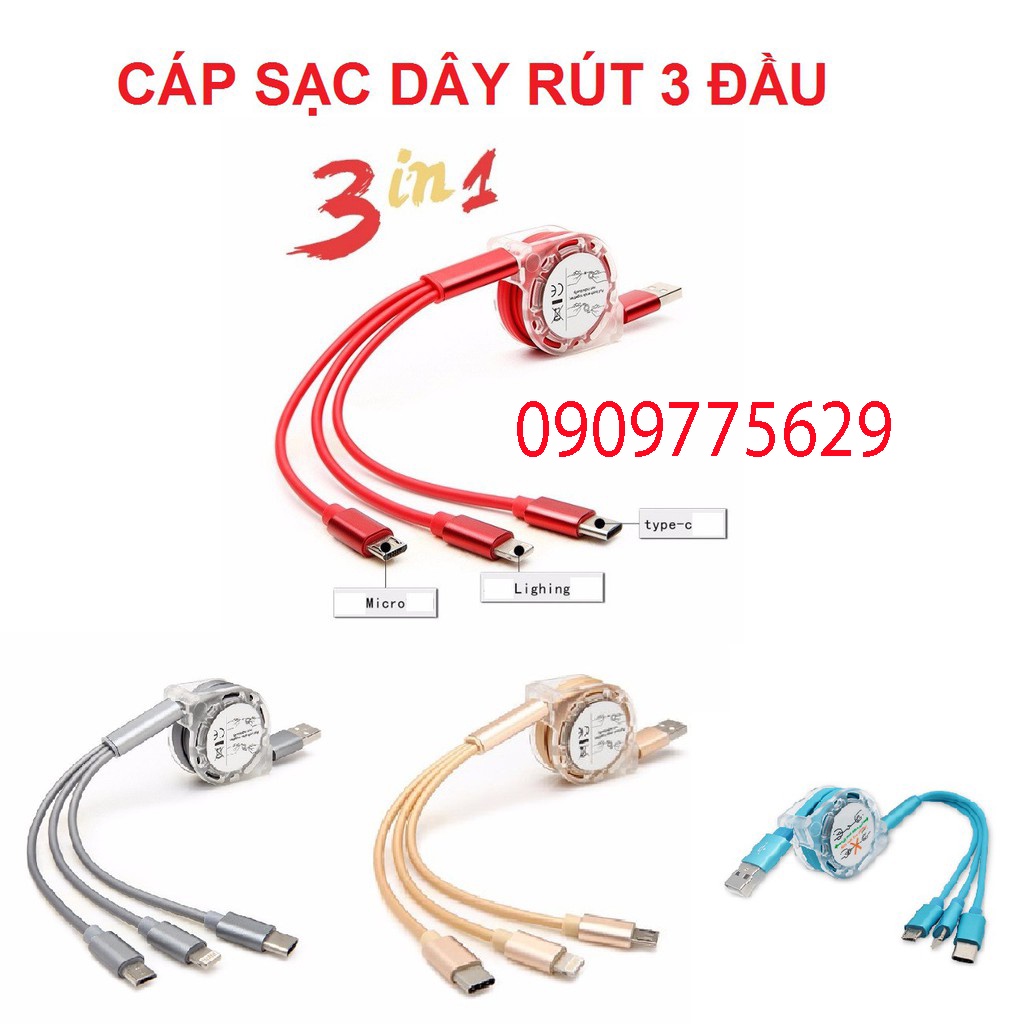 Cáp Sạc điện thoại dây rút 3 đầu ( Đa Năng 1M Vô Cùng Tiện Lợi)