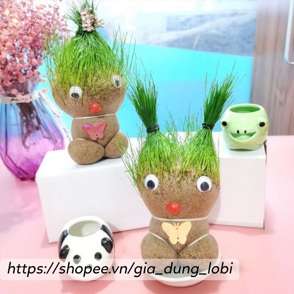 Búp bê đầu cỏ mini dễ thương dễ trồng thân thiện môi trường trang trí phòng bàn làm việc