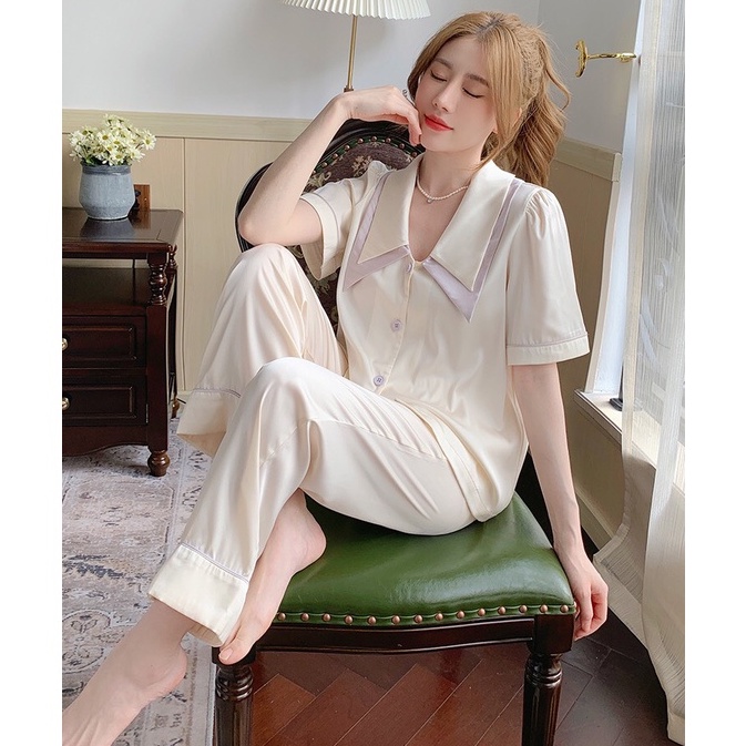 Bộ ngủ lụa quần dài áo cộc, Bộ ngủ pizama cao cấp, chất lụa mềm mại thoải mái BN004