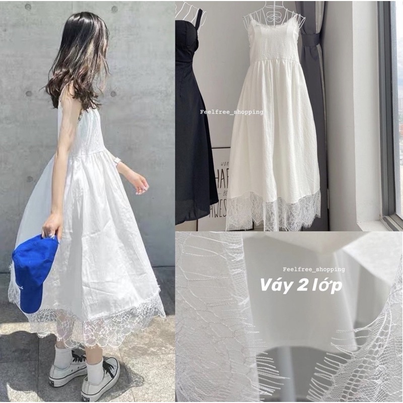 Đầm Trắng Hai Dây Babydoll Dài Phối Ren Mặc Đi Chơi, Đi Tiệc, Sinh Nhật (Hình Thật) D080